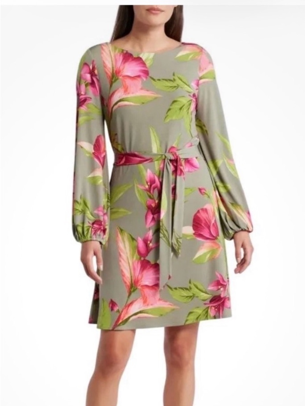 Tommy Bahama Lavish Blooms Floral Tie-Waist Long Sleeve Dress - Pink/Green